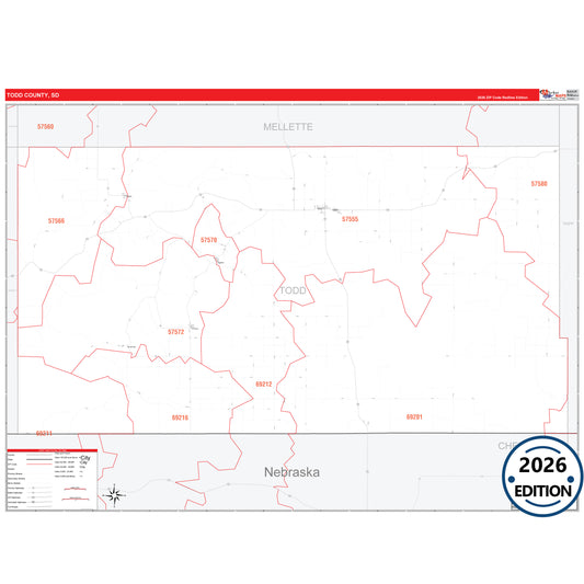 Todd County, SD Red Line 5 Digit ZIP Code Wall Map