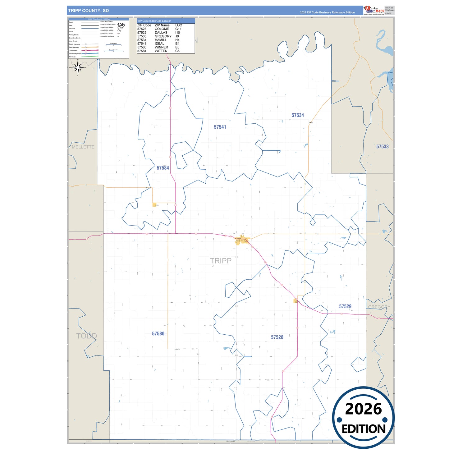 Tripp County, SD Business Reference 5 Digit ZIP Code Wall Map