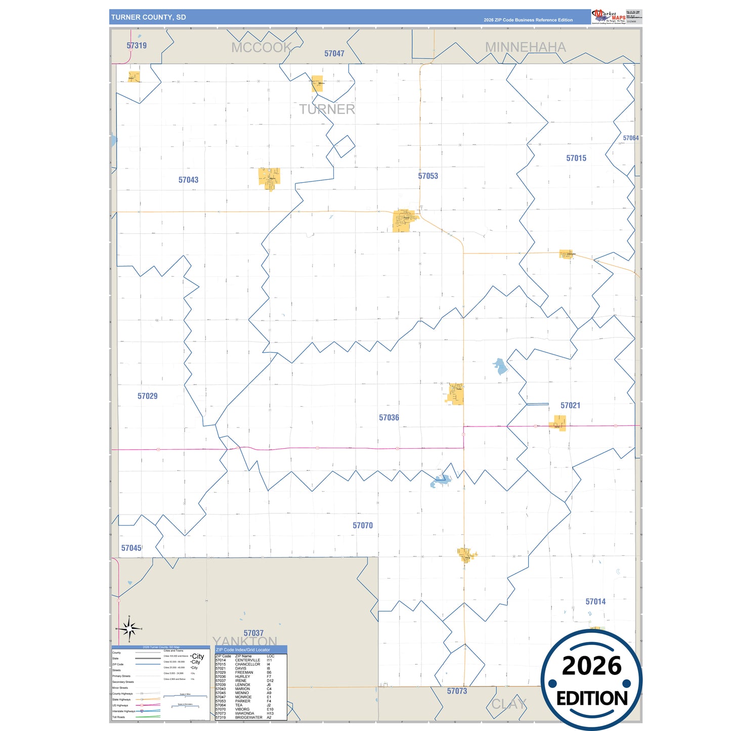 Turner County, SD Business Reference 5 Digit ZIP Code Wall Map