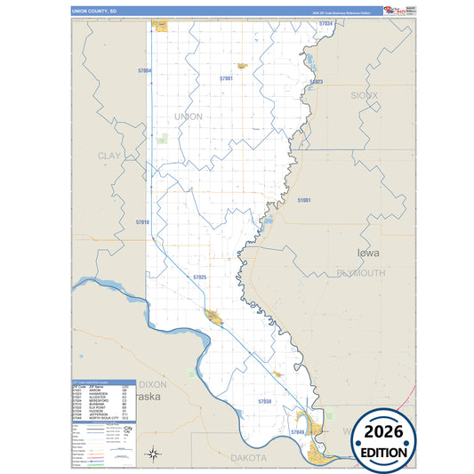 Union County, SD Business Reference 5 Digit ZIP Code Wall Map