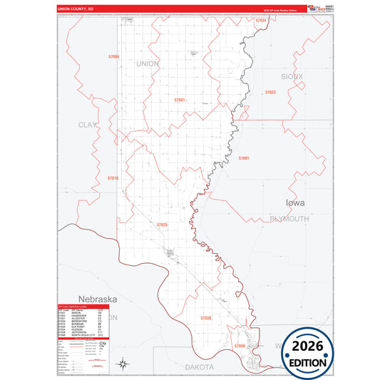 Union County, SD Red Line 5 Digit ZIP Code Wall Map