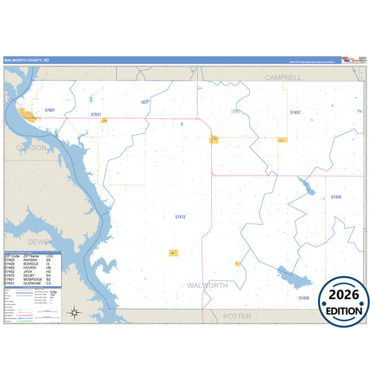 Walworth County, SD Business Reference 5 Digit ZIP Code Wall Map