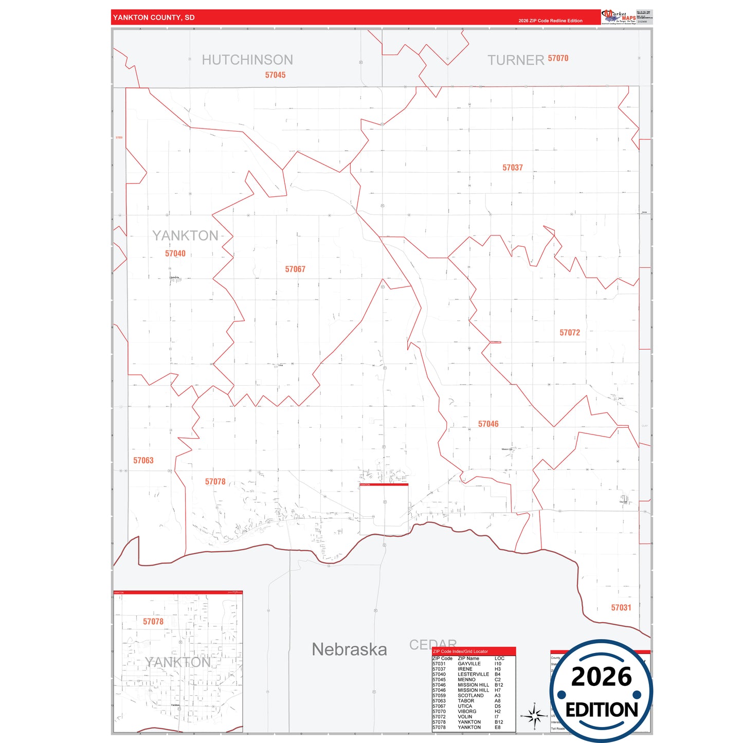 Yankton County, SD Red Line 5 Digit ZIP Code Wall Map