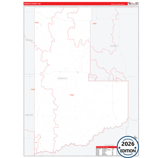 Ziebach County, SD Red Line 5 Digit ZIP Code Wall Map
