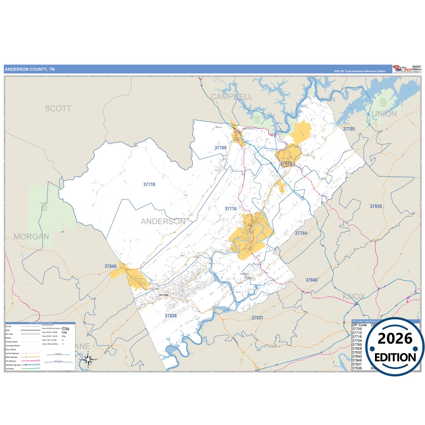 Anderson County, TN Business Reference 5 Digit ZIP Code Wall Map