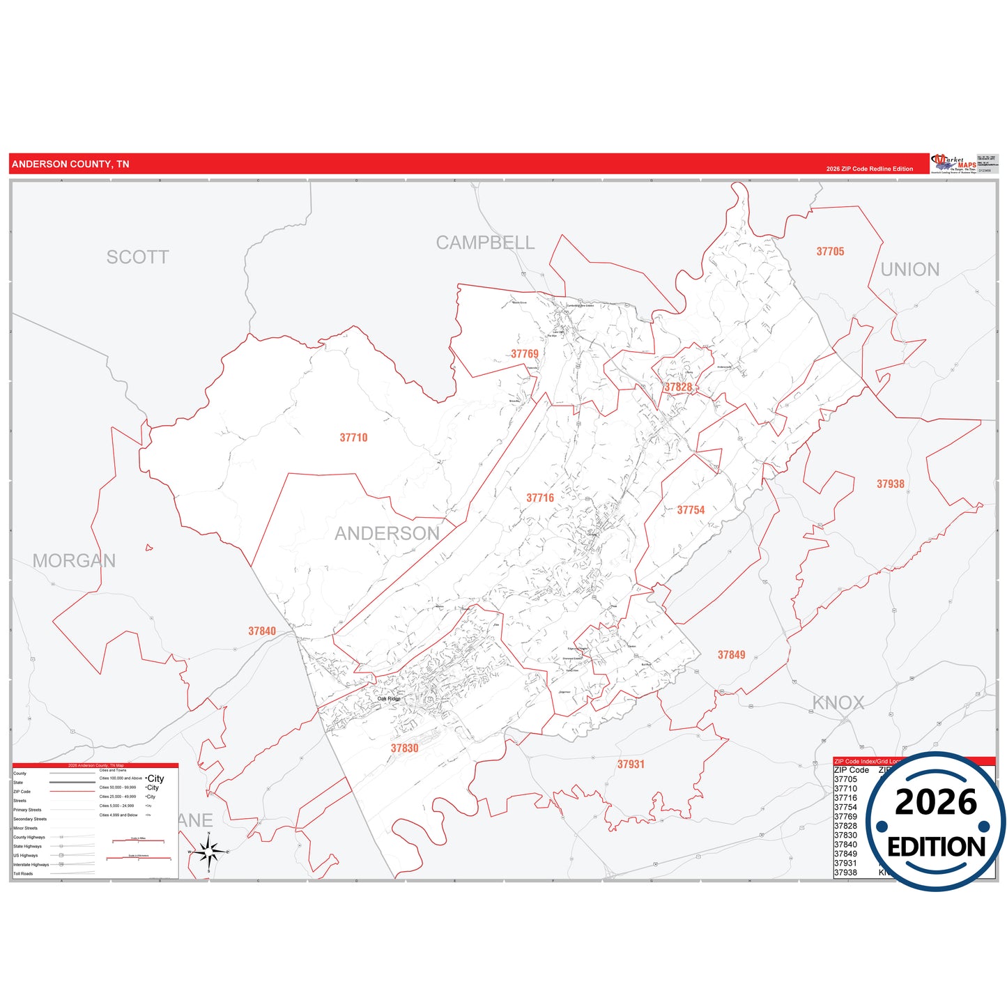Anderson County, TN Red Line 5 Digit ZIP Code Wall Map