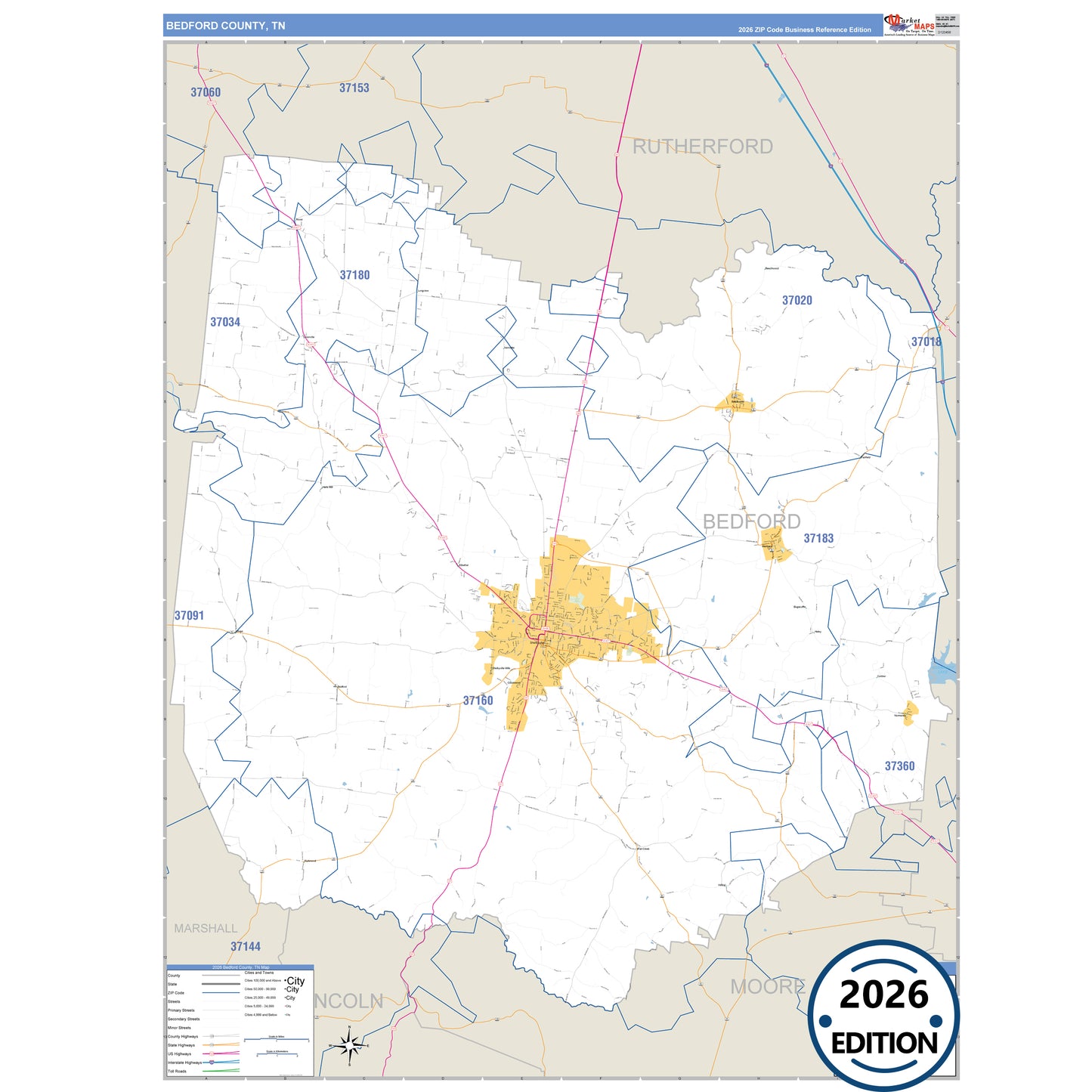 Bedford County, TN Business Reference 5 Digit ZIP Code Wall Map