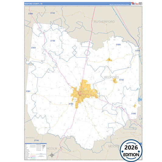 Bedford County, TN Business Reference 5 Digit ZIP Code Wall Map