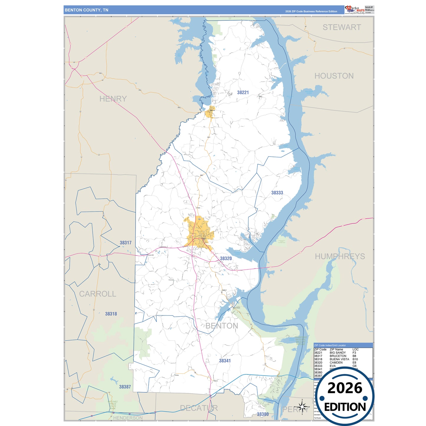 Benton County, TN Business Reference 5 Digit ZIP Code Wall Map