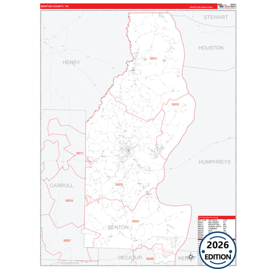 Benton County, TN Red Line 5 Digit ZIP Code Wall Map