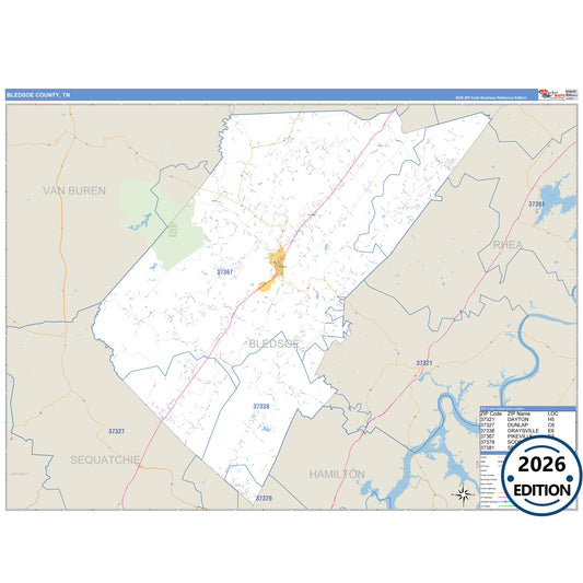 Bledsoe County, TN Business Reference 5 Digit ZIP Code Wall Map