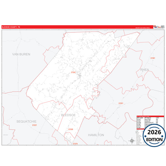 Bledsoe County, TN Red Line 5 Digit ZIP Code Wall Map