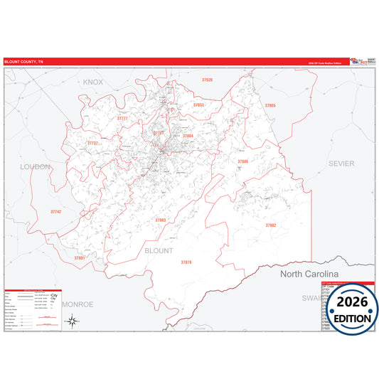 Blount County, TN Red Line 5 Digit ZIP Code Wall Map