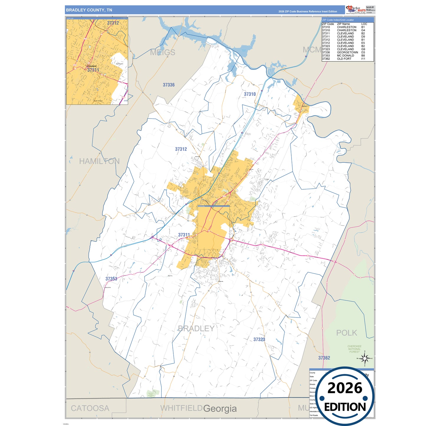 Bradley County, TN Business Reference 5 Digit ZIP Code Wall Map