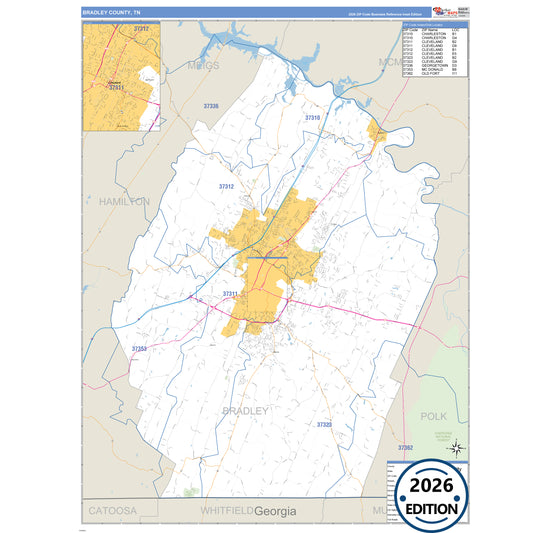 Bradley County, TN Business Reference 5 Digit ZIP Code Wall Map