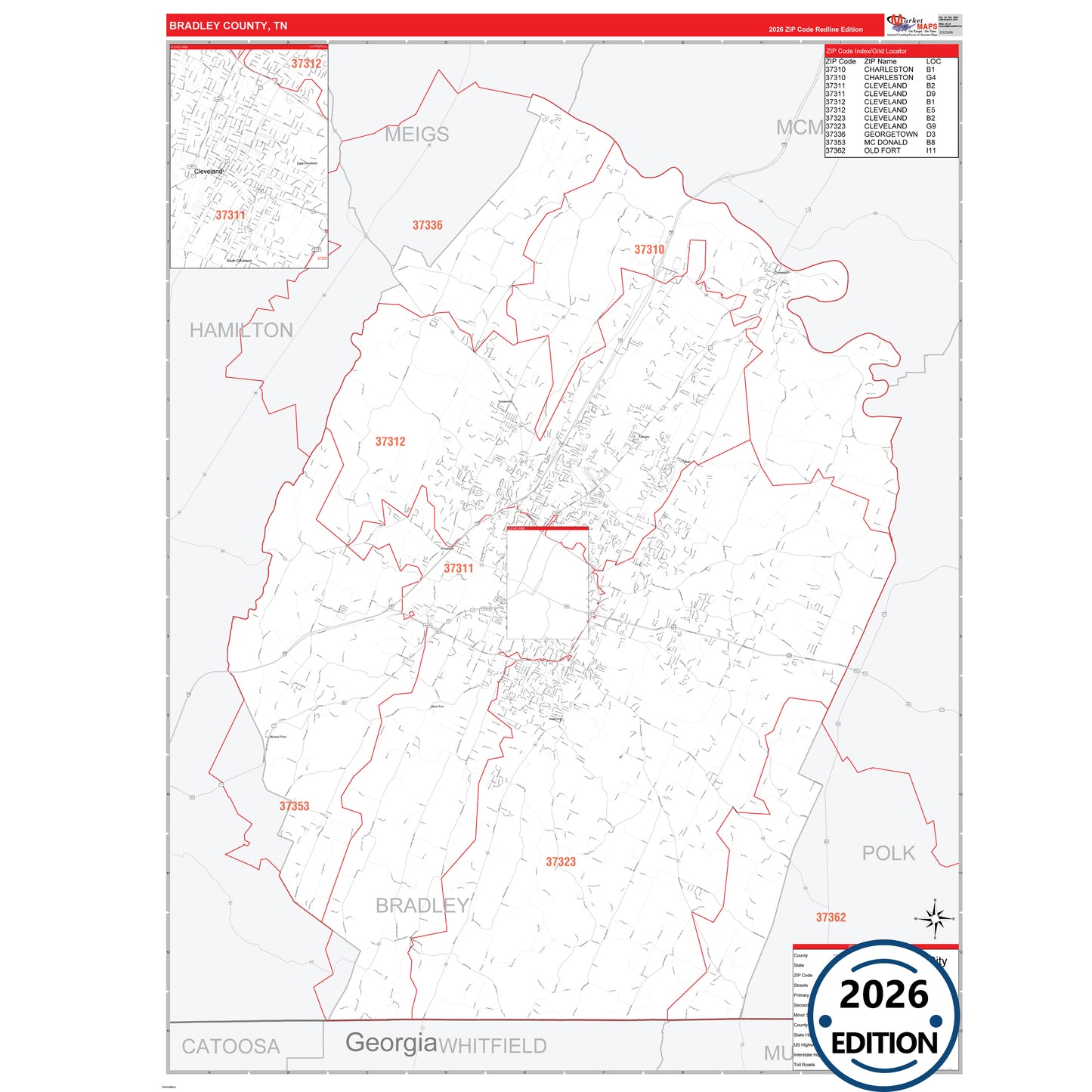 Bradley County, TN Red Line 5 Digit ZIP Code Wall Map