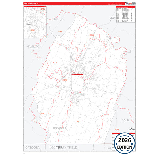 Bradley County, TN Red Line 5 Digit ZIP Code Wall Map