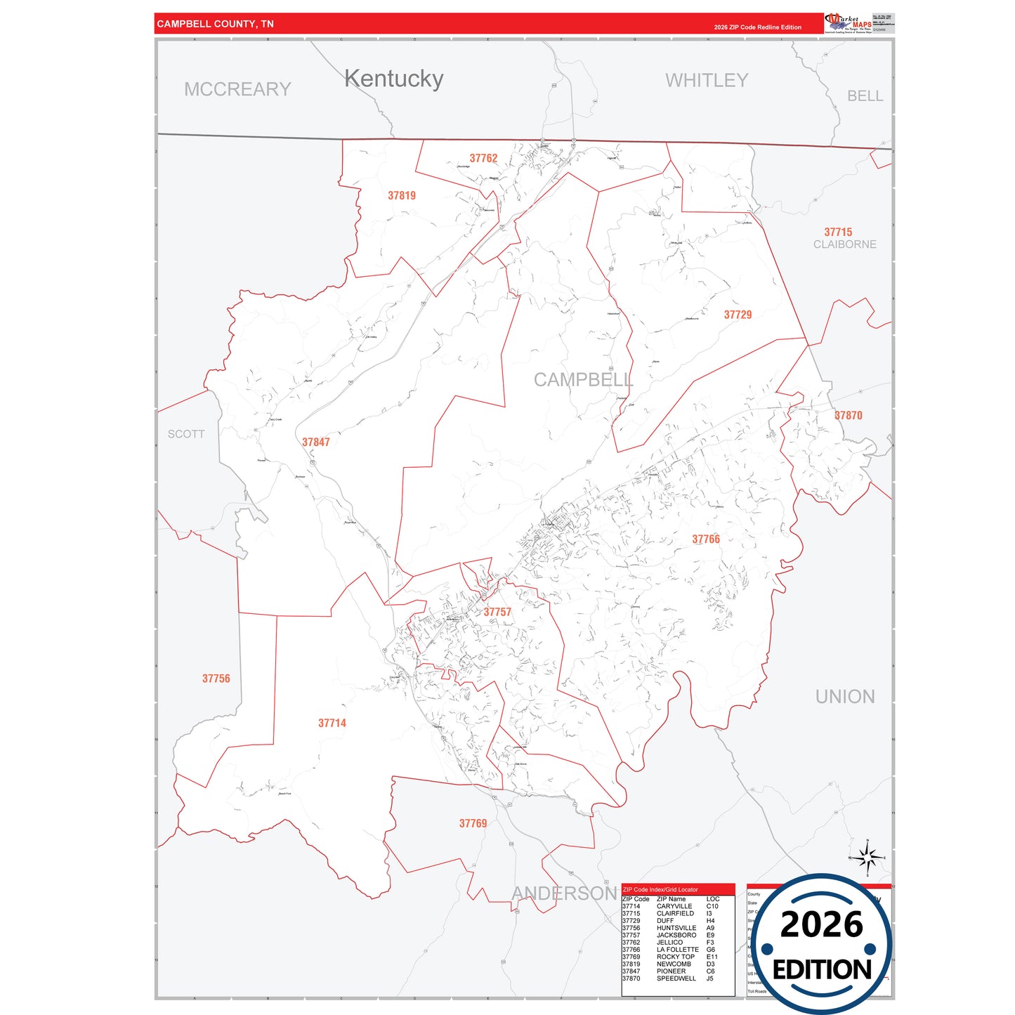 Campbell County, TN Red Line 5 Digit ZIP Code Wall Map