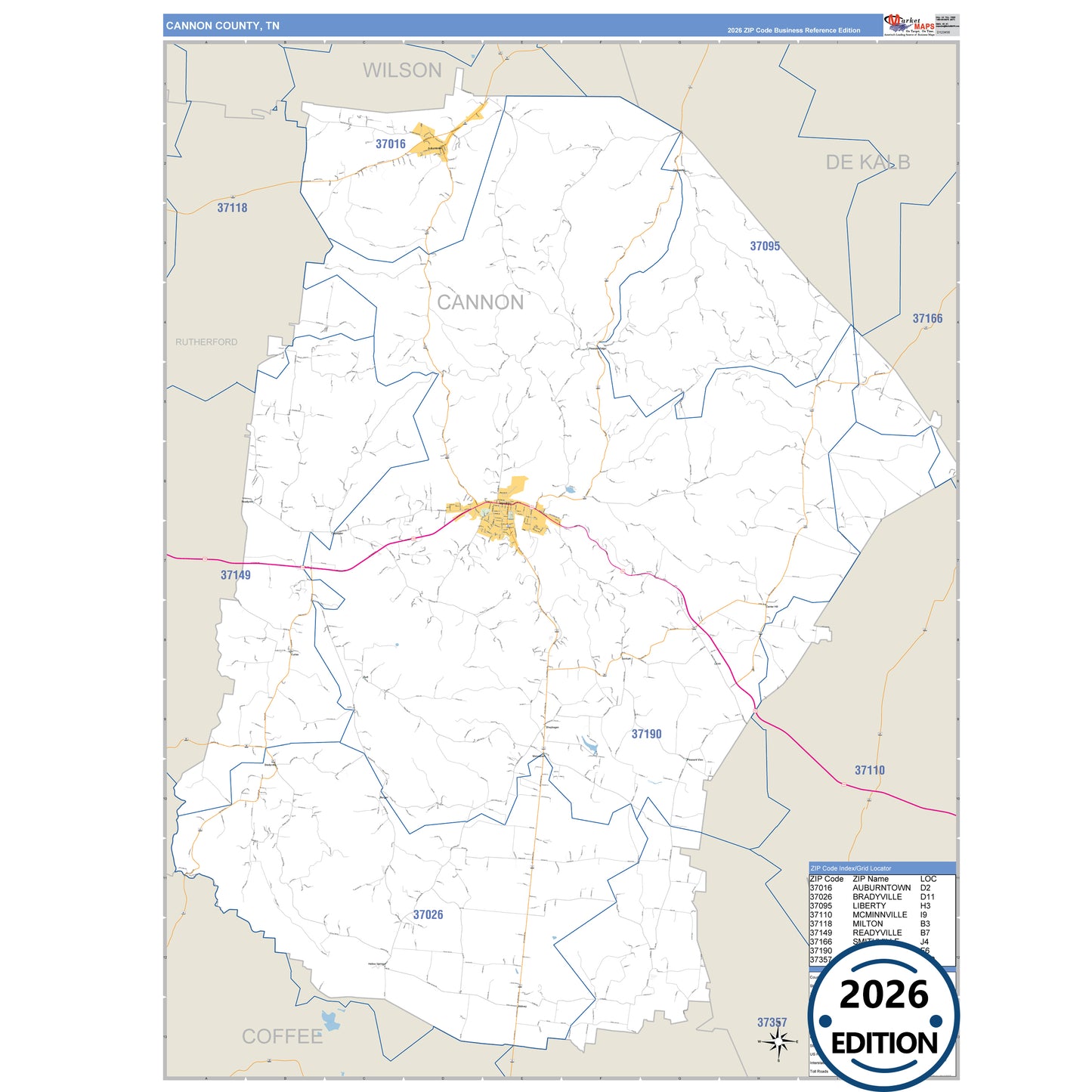 Cannon County, TN Business Reference 5 Digit ZIP Code Wall Map