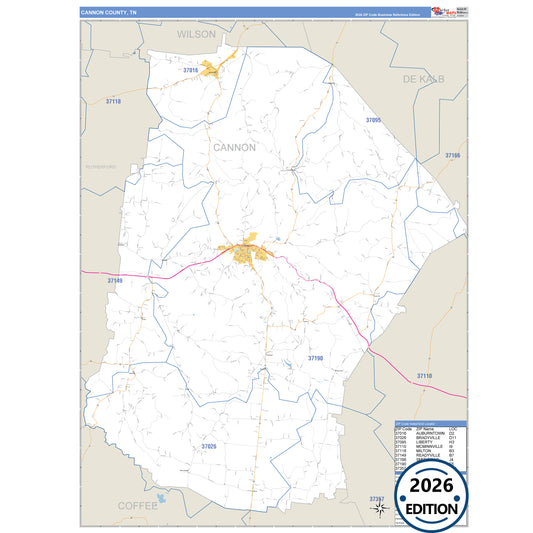 Cannon County, TN Business Reference 5 Digit ZIP Code Wall Map