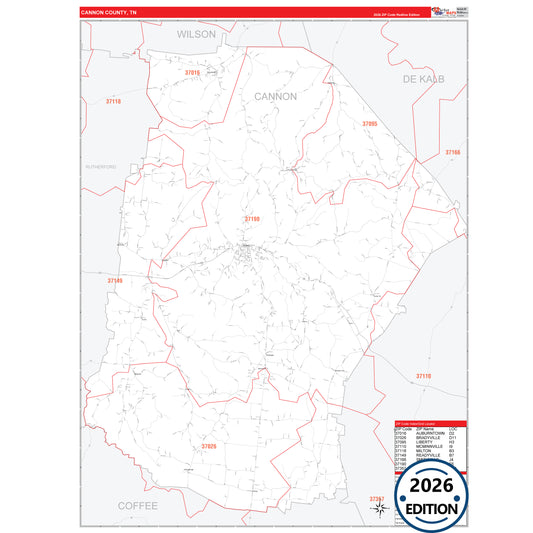Cannon County, TN Red Line 5 Digit ZIP Code Wall Map