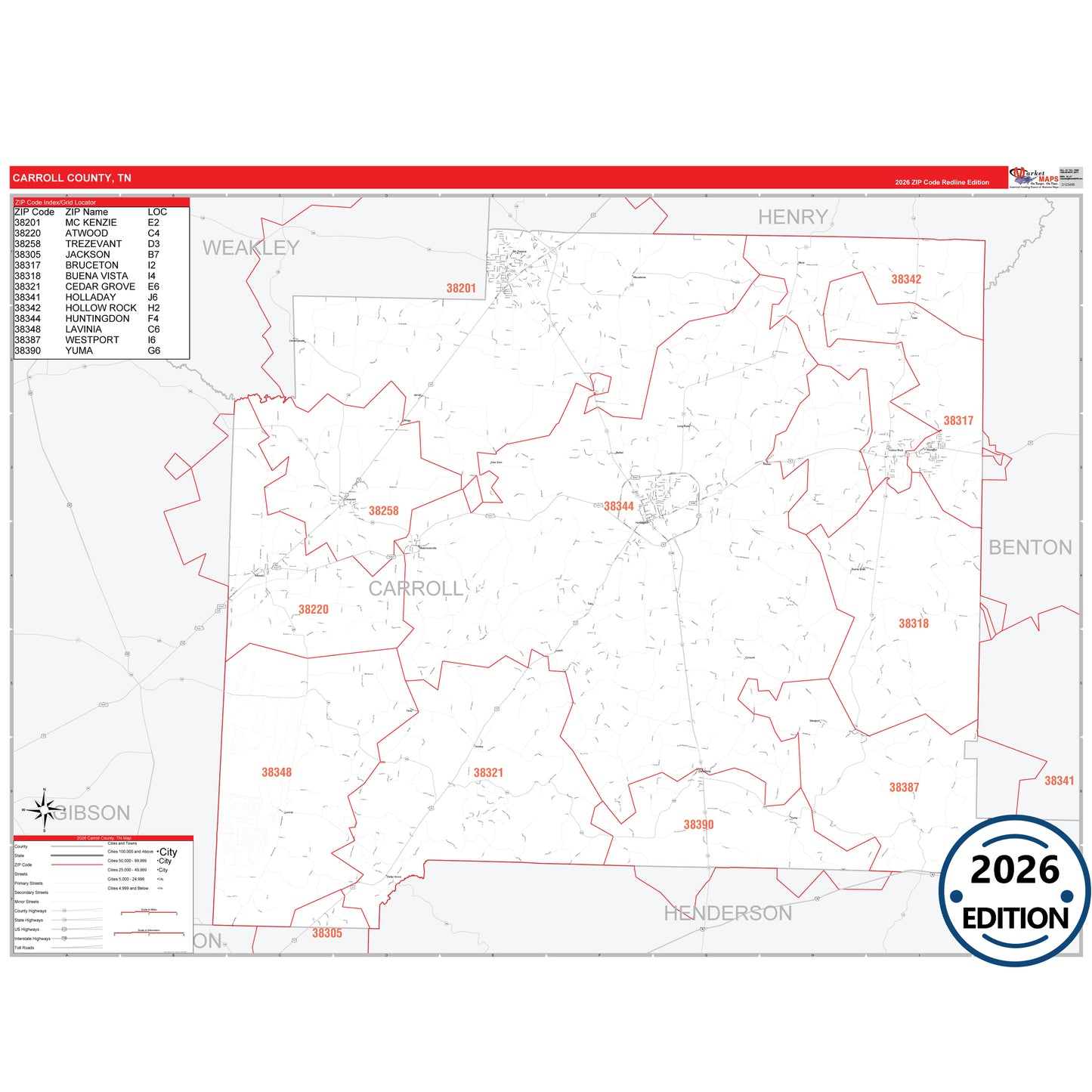 Carroll County, TN Red Line 5 Digit ZIP Code Wall Map