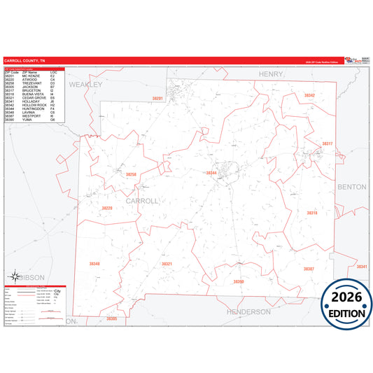 Carroll County, TN Red Line 5 Digit ZIP Code Wall Map