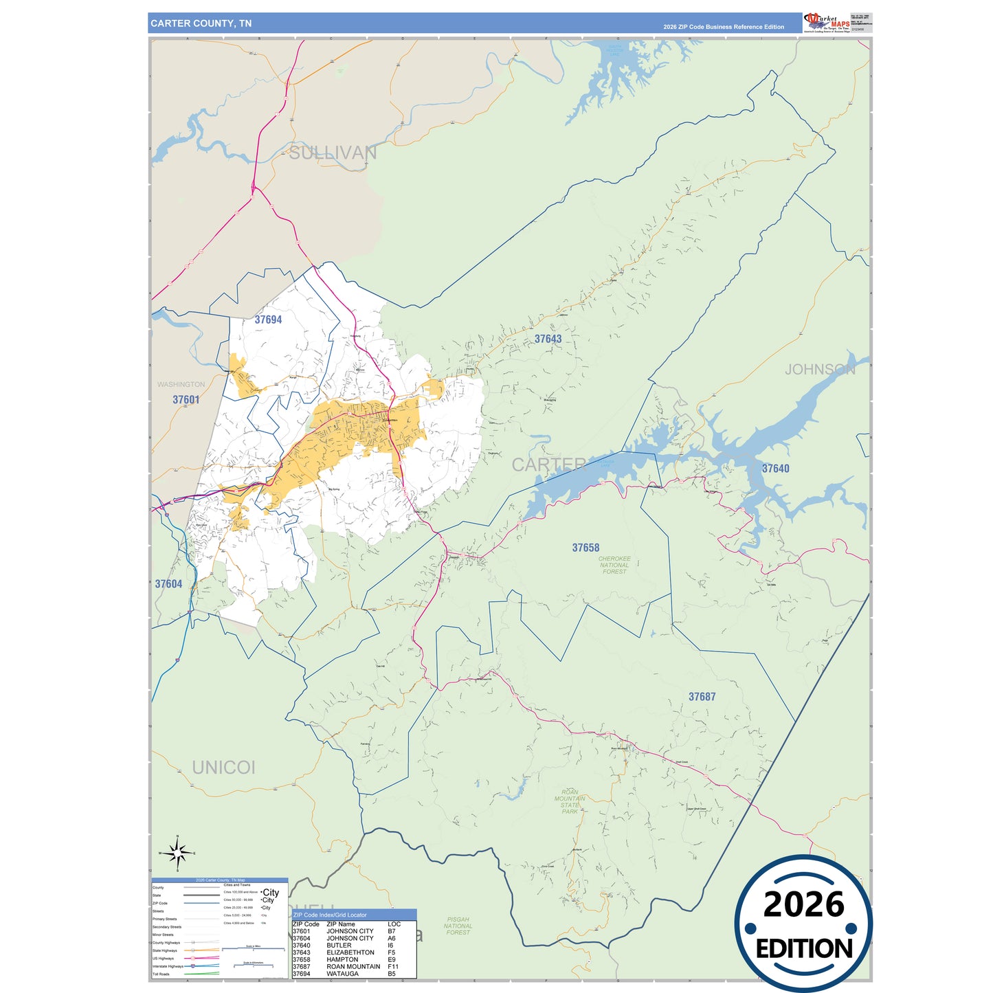 Carter County, TN Business Reference 5 Digit ZIP Code Wall Map