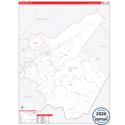 Carter County, TN Red Line 5 Digit ZIP Code Wall Map