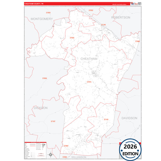 Cheatham County, TN Red Line 5 Digit ZIP Code Wall Map