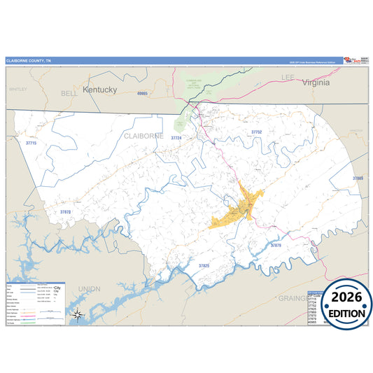 Claiborne County, TN Business Reference 5 Digit ZIP Code Wall Map