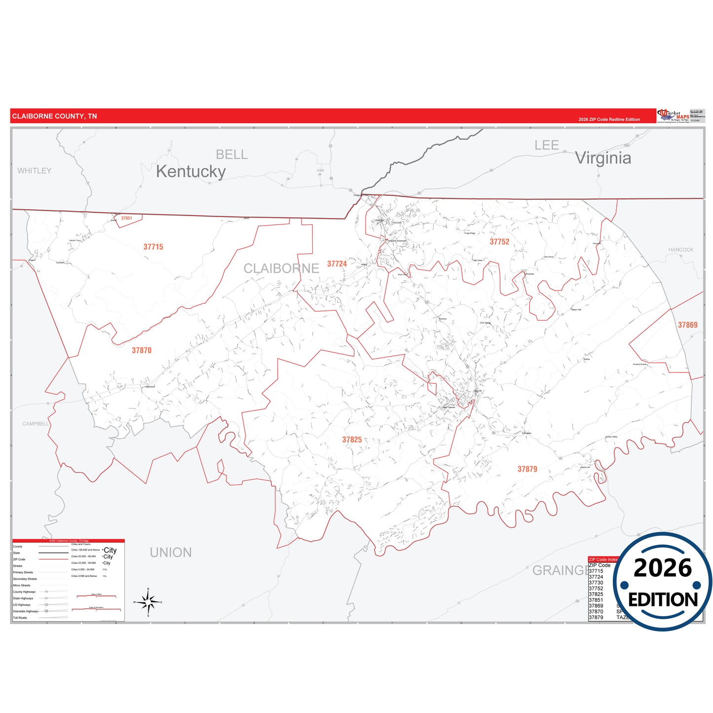Claiborne County, TN Red Line 5 Digit ZIP Code Wall Map