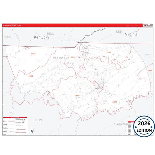 Claiborne County, TN Red Line 5 Digit ZIP Code Wall Map
