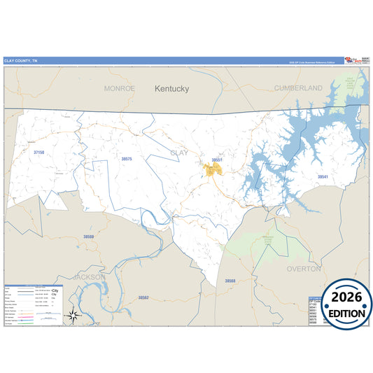 Clay County, TN Business Reference 5 Digit ZIP Code Wall Map