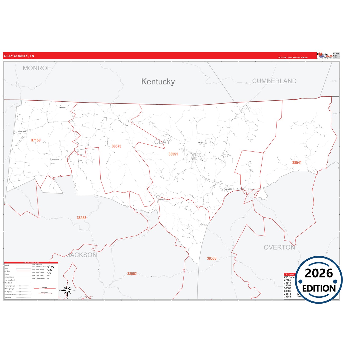 Clay County, TN Red Line 5 Digit ZIP Code Wall Map