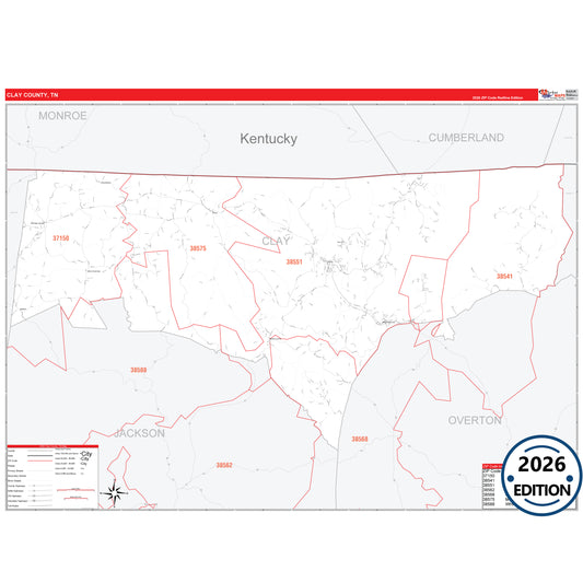 Clay County, TN Red Line 5 Digit ZIP Code Wall Map