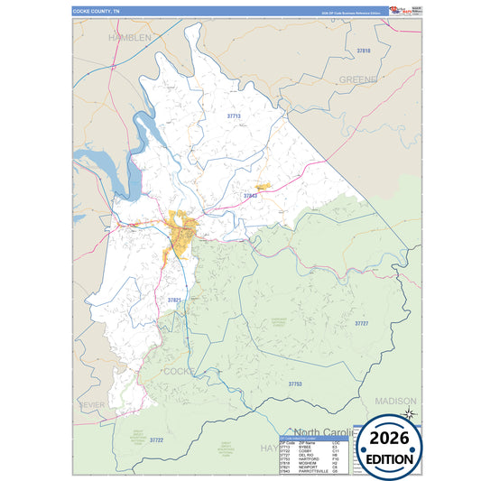 Cocke County, TN Business Reference 5 Digit ZIP Code Wall Map