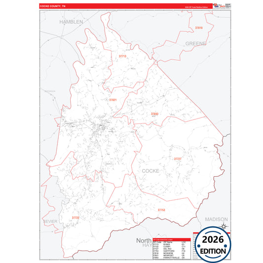 Cocke County, TN Red Line 5 Digit ZIP Code Wall Map