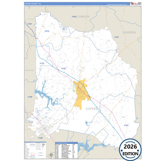 Coffee County, TN Business Reference 5 Digit ZIP Code Wall Map