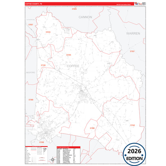 Coffee County, TN Red Line 5 Digit ZIP Code Wall Map