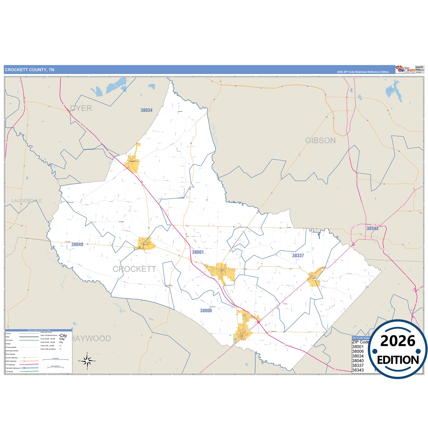 Crockett County, TN Business Reference 5 Digit ZIP Code Wall Map