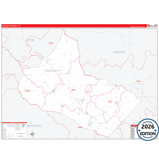 Crockett County, TN Red Line 5 Digit ZIP Code Wall Map