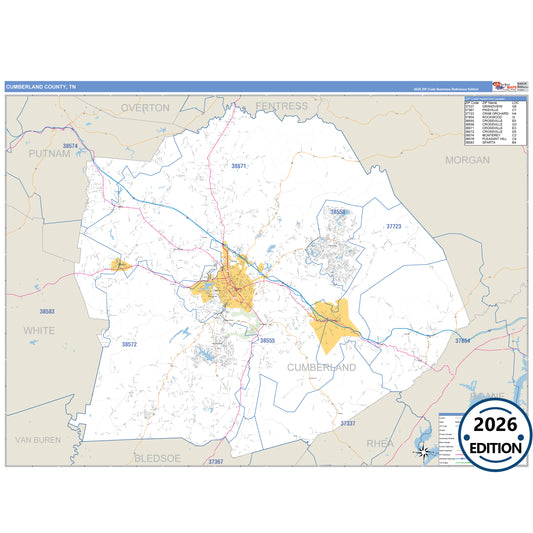 Cumberland County, TN Business Reference 5 Digit ZIP Code Wall Map