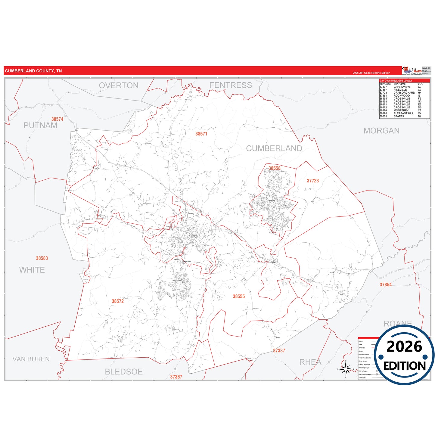 Cumberland County, TN Red Line 5 Digit ZIP Code Wall Map