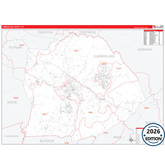 Cumberland County, TN Red Line 5 Digit ZIP Code Wall Map