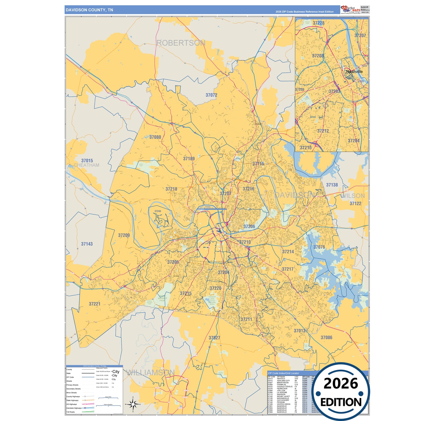 Davidson County, TN Business Reference 5 Digit ZIP Code Wall Map