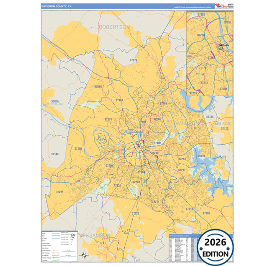 Davidson County, TN Business Reference 5 Digit ZIP Code Wall Map