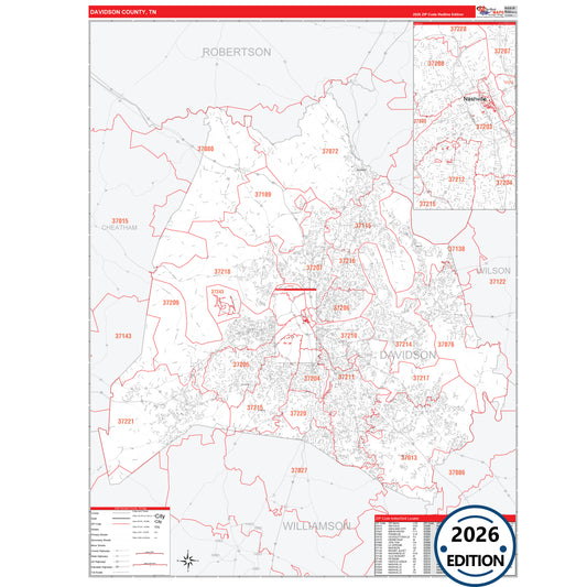 Davidson County, TN Red Line 5 Digit ZIP Code Wall Map
