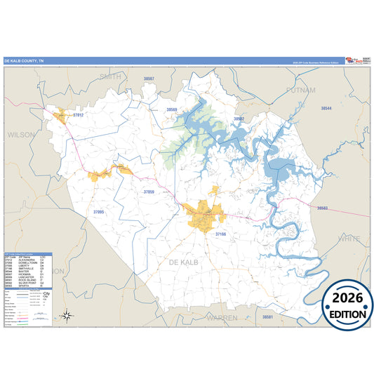 DeKalb County, TN Business Reference 5 Digit ZIP Code Wall Map