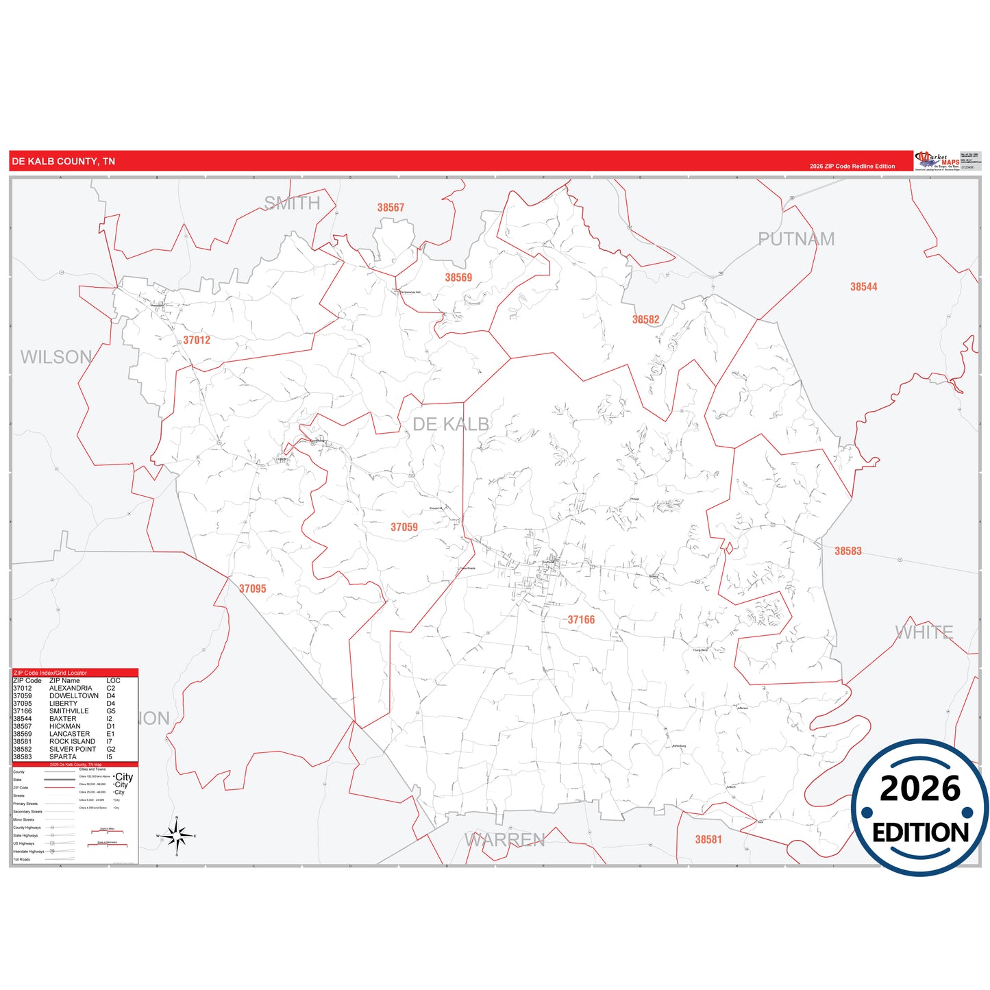 DeKalb County, TN Red Line 5 Digit ZIP Code Wall Map